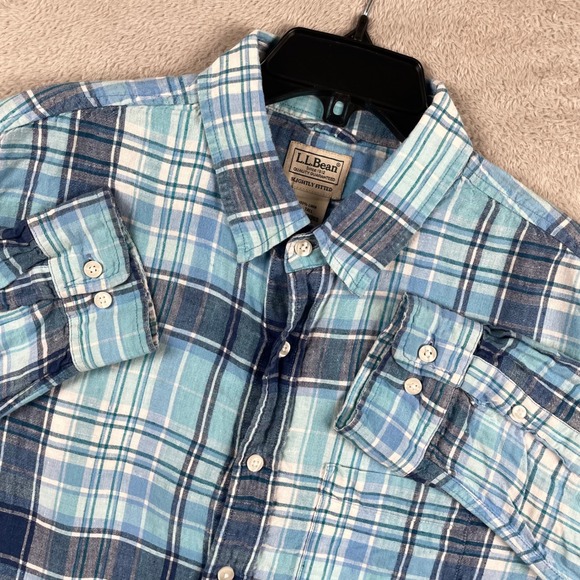 L.L. Bean Other - LL Bean Shirt Men LT Large Tall Blue Plaid 100% Linen Slightly Fitted Button Up